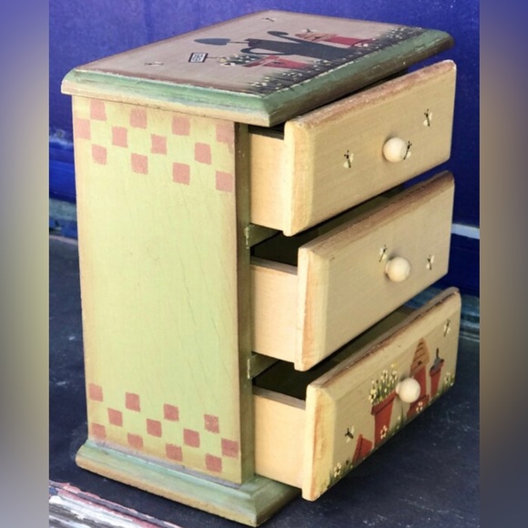 Vintage Wooden Hand Painted 3 Drawer Tiers Honeybee Hive HERB STORAGE Spice Box - Picture 8 of 10